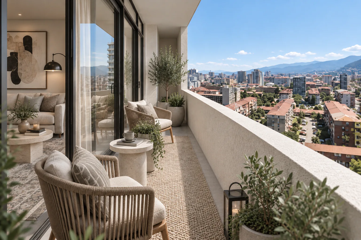 Balcony seating area with city and mountain views from the New Boulevard apartment