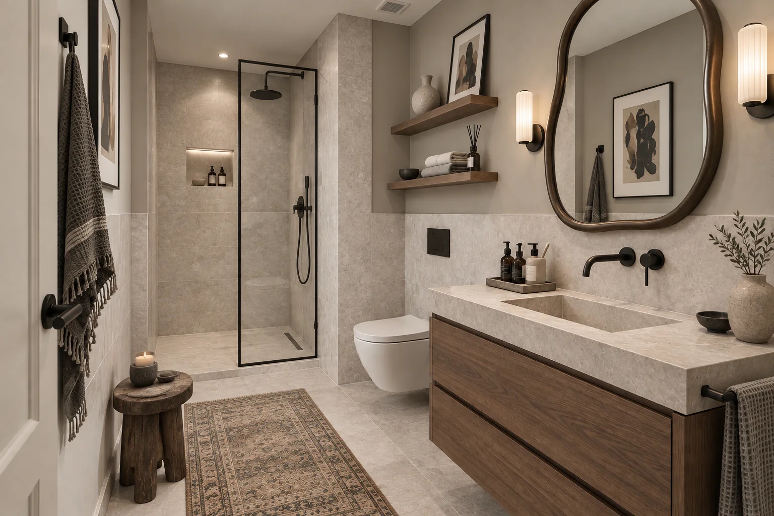 Eclectic bathroom with stone finishes, wood vanity, walk-in shower and sculptural mirror