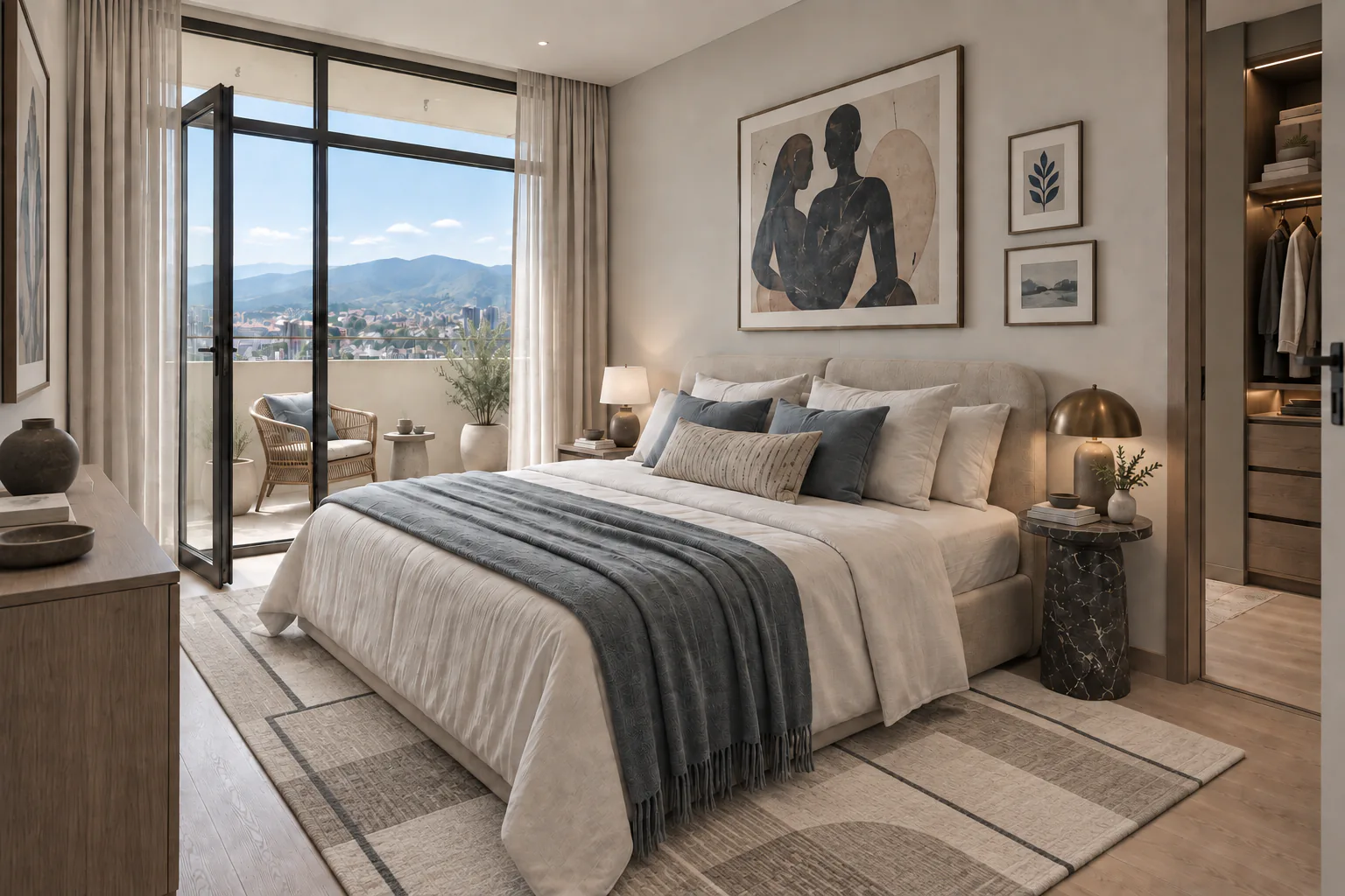 Eclectic bedroom with graphic rug, layered artwork and mountain view from the balcony