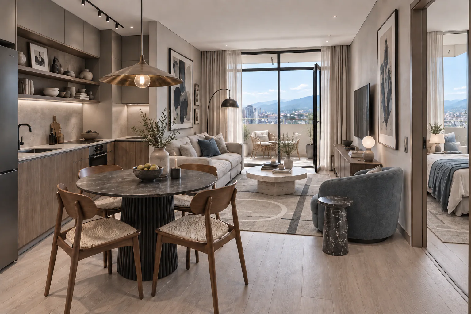 Eclectic living and dining area with cool neutral tones, graphic rug and mountain views