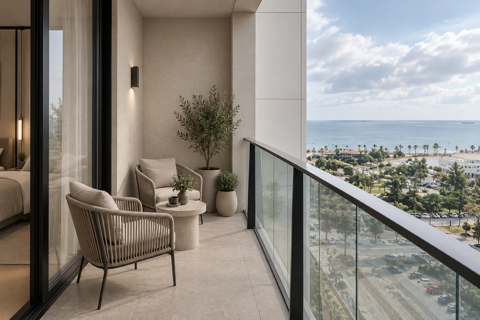 Furnished balcony with seating area and panoramic sea view