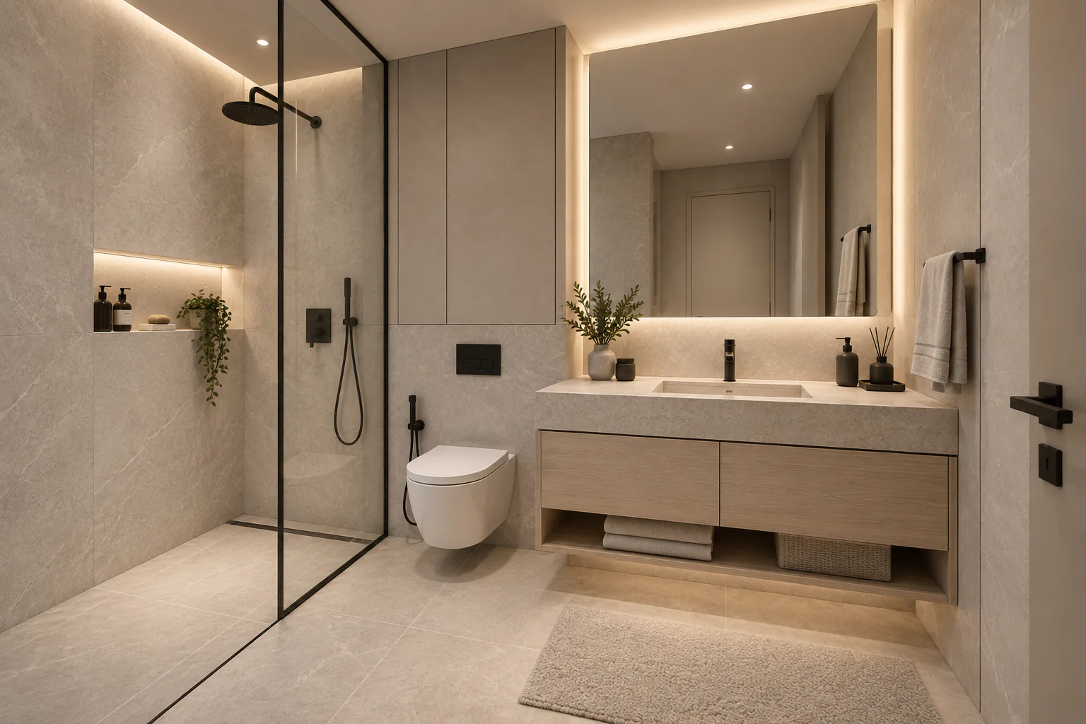 Modern minimalist bathroom with walk-in shower and built-in vanity
