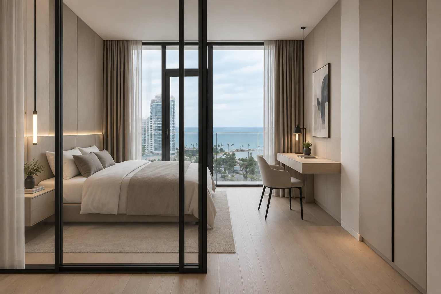 Minimal bedroom with workspace and panoramic sea view