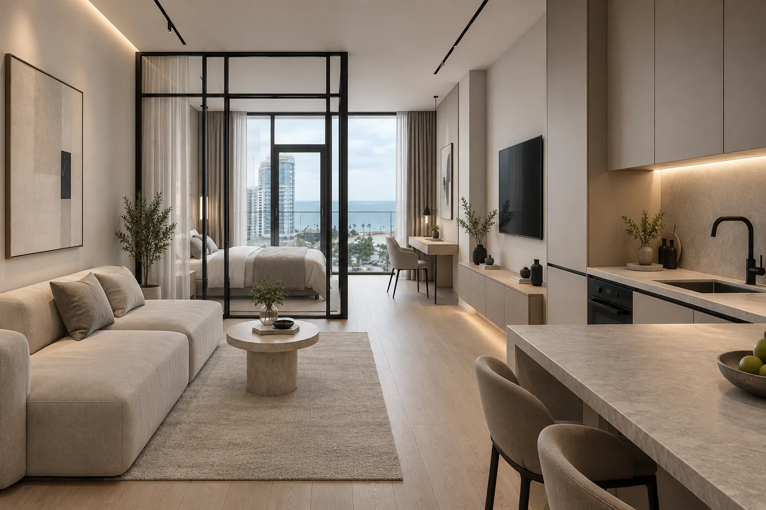 Modern studio living room with kitchen and glass-partitioned bedroom