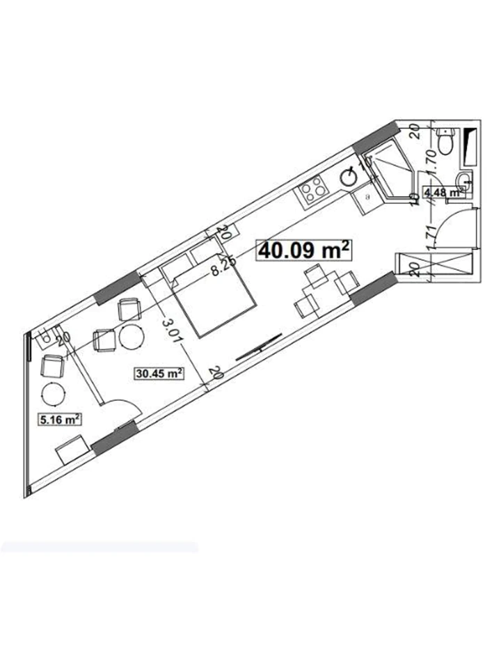 Floor plan of the 40.09 m² studio apartment