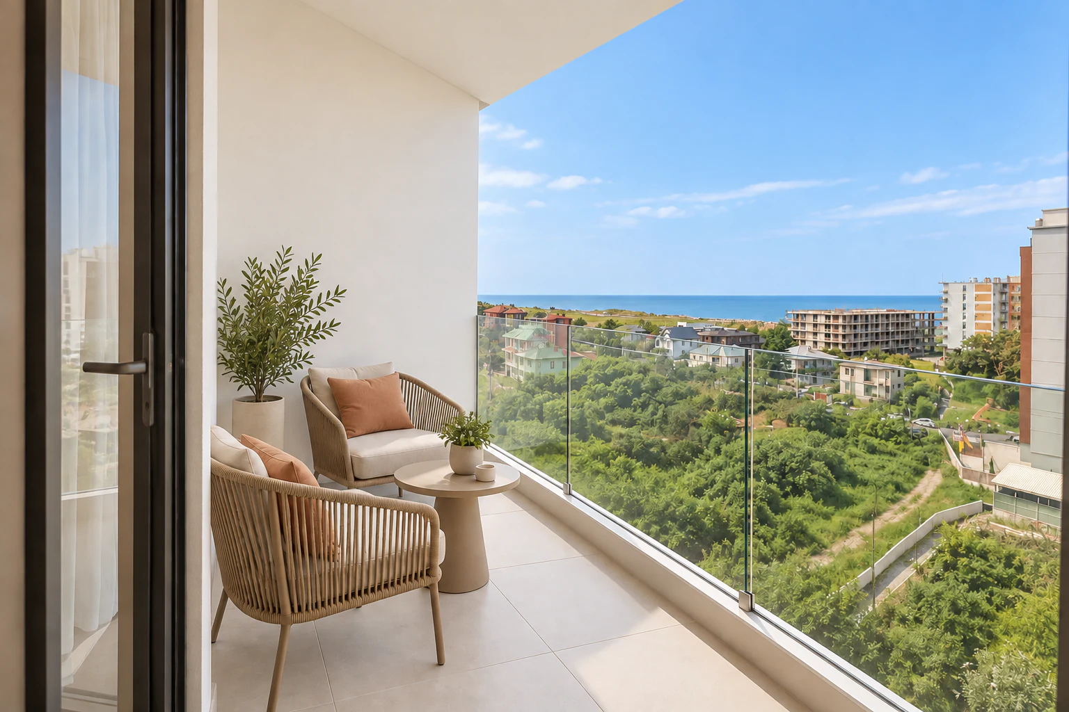 Sunlit balcony with plastered ceiling, seating area and open sea view in Batumi.