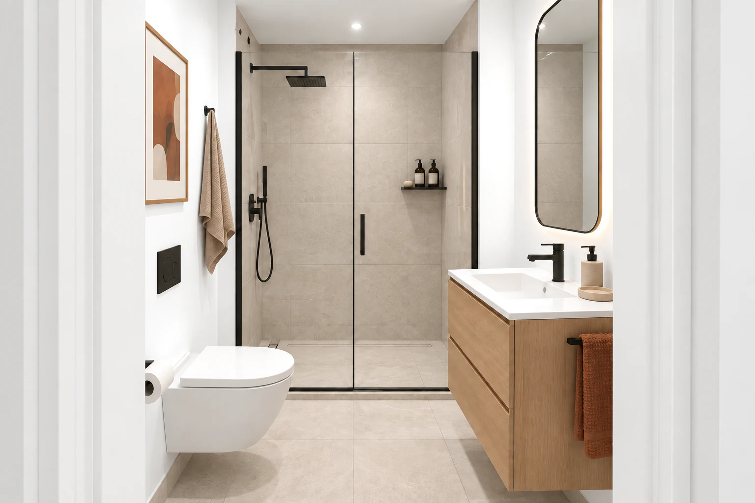 Bright minimalist bathroom with white walls, walk-in shower, floating vanity and warm wood accents.