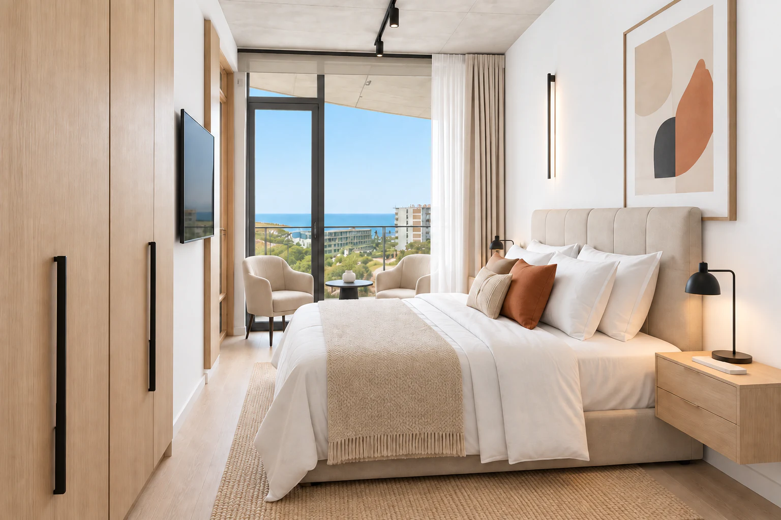Scandinavian bedroom with white walls, soft neutral finishes, built-in wardrobe and large window with sea view