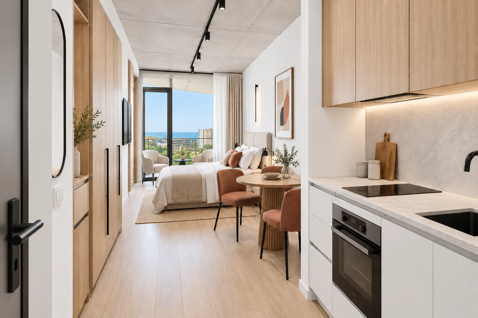 Bright Scandinavian-style studio interior with white walls, warm wood accents, compact kitchen, dining area and sea-view bedroom zone.