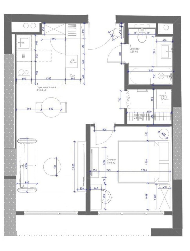 Floor plan of the 47.1 m² one-bedroom apartment