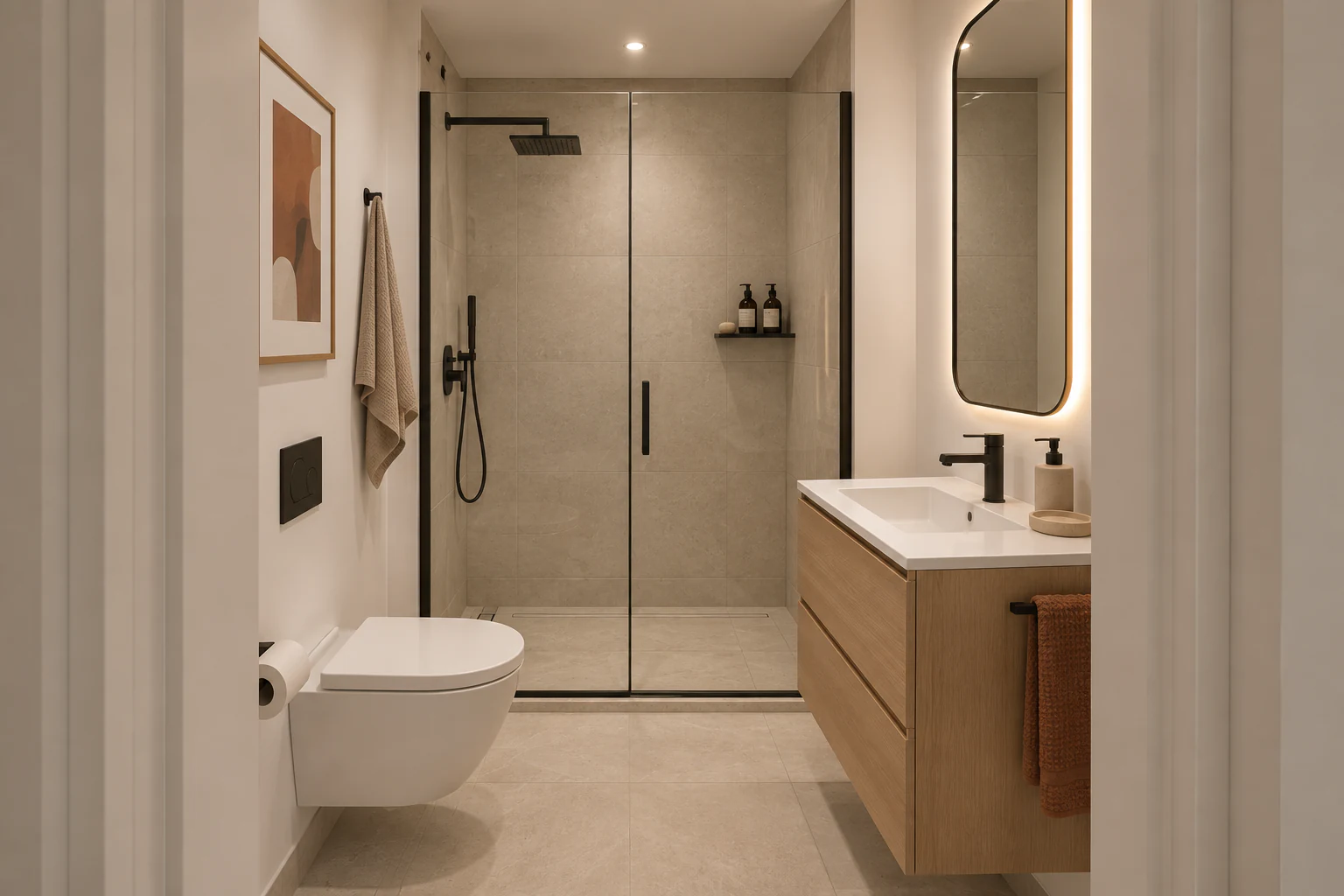 Modern bathroom with walk-in shower, wood vanity and warm neutral finishes
