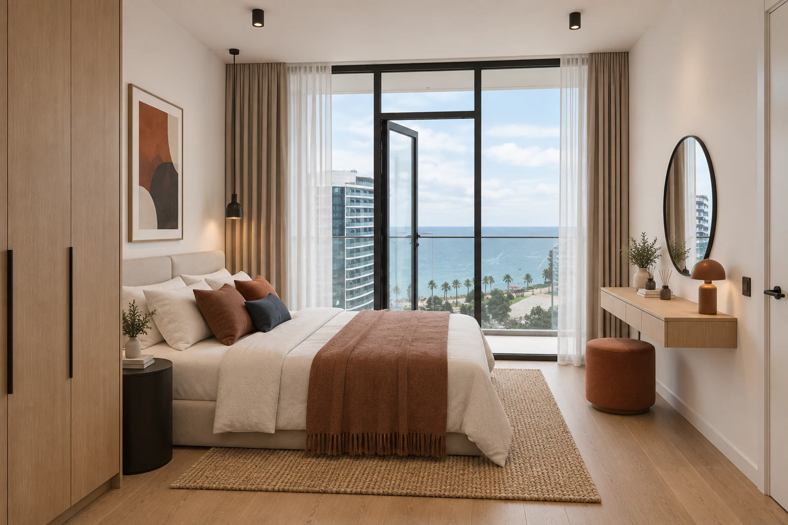 Bedroom with warm neutral finishes, built-in vanity and panoramic sea view