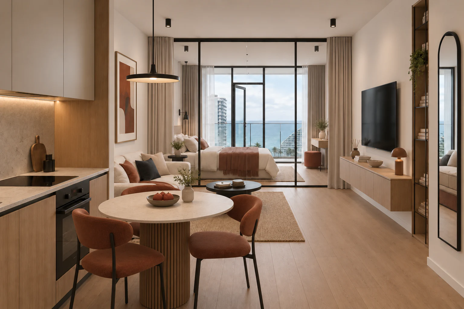 Living and dining area with glass bedroom partition, warm wood finishes and sea view