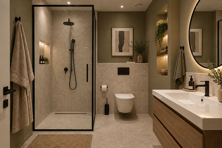 Modern bathroom with walk-in shower, wall-hung toilet and wood vanity