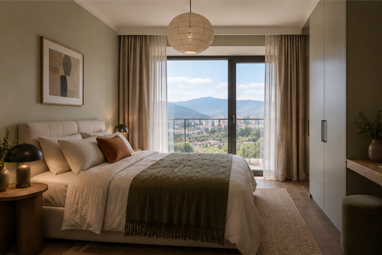 Cozy bedroom with floor-to-ceiling windows and mountain view