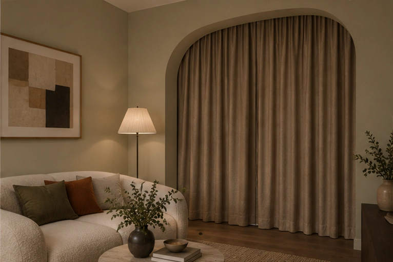 Living room with curtain closing the arched bedroom opening