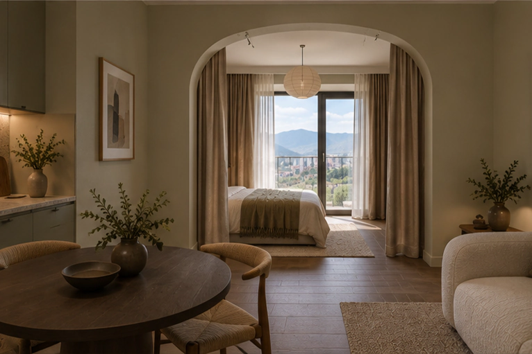 Living and dining area with arched bedroom opening and mountain view