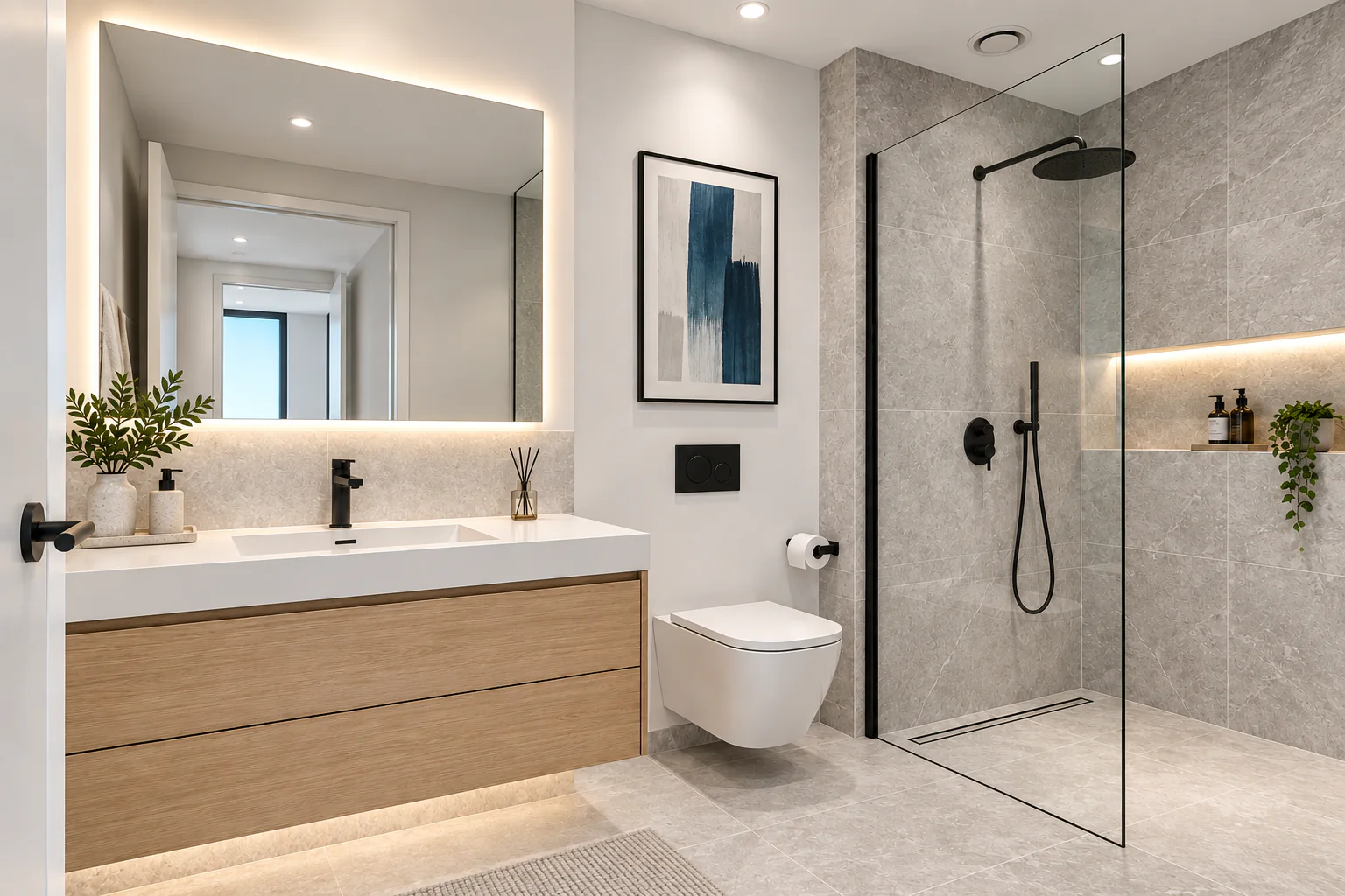 Modern bathroom with walk-in shower, floating wood vanity and black fixtures