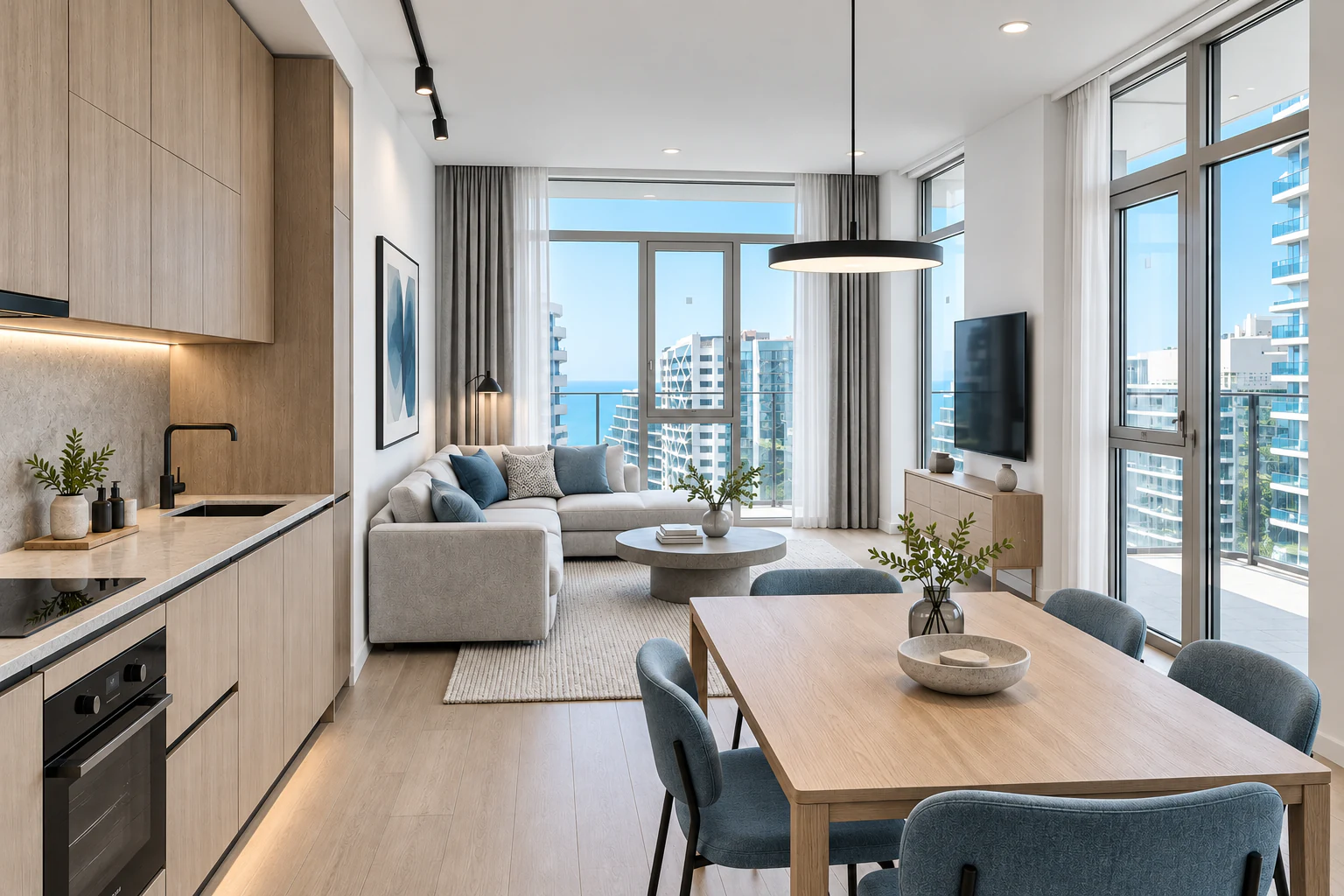 Bright living and dining area with white walls, cool blue accents and partial sea views