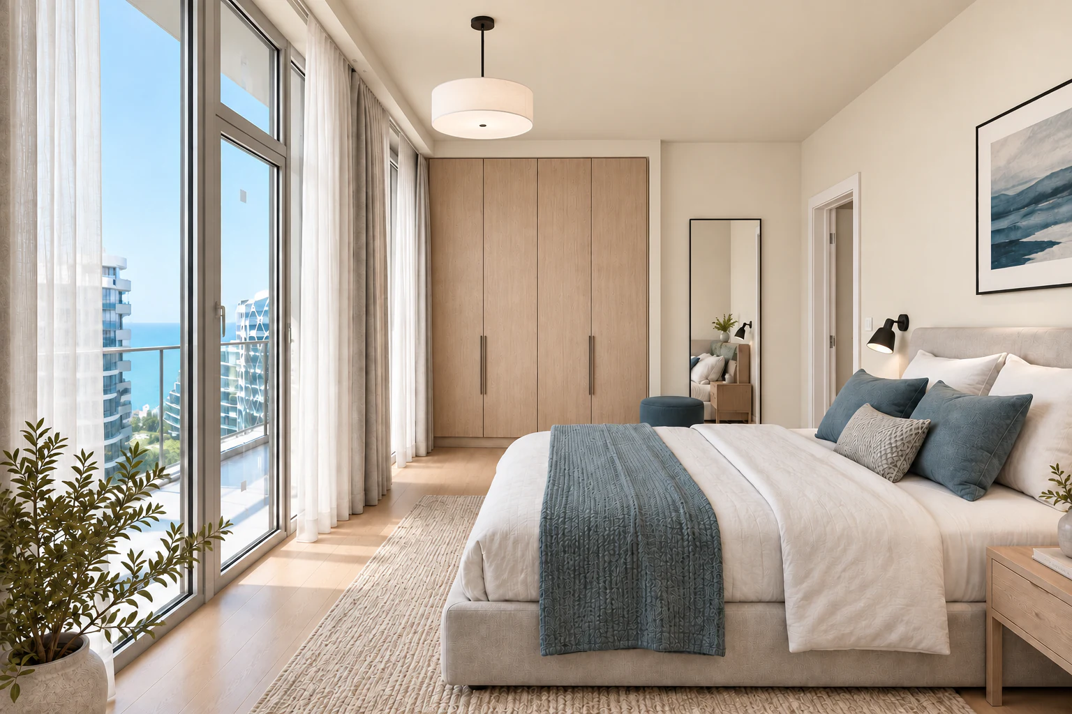 Primary bedroom with RAL 1013 walls and ceiling, built-in wardrobe and sea view