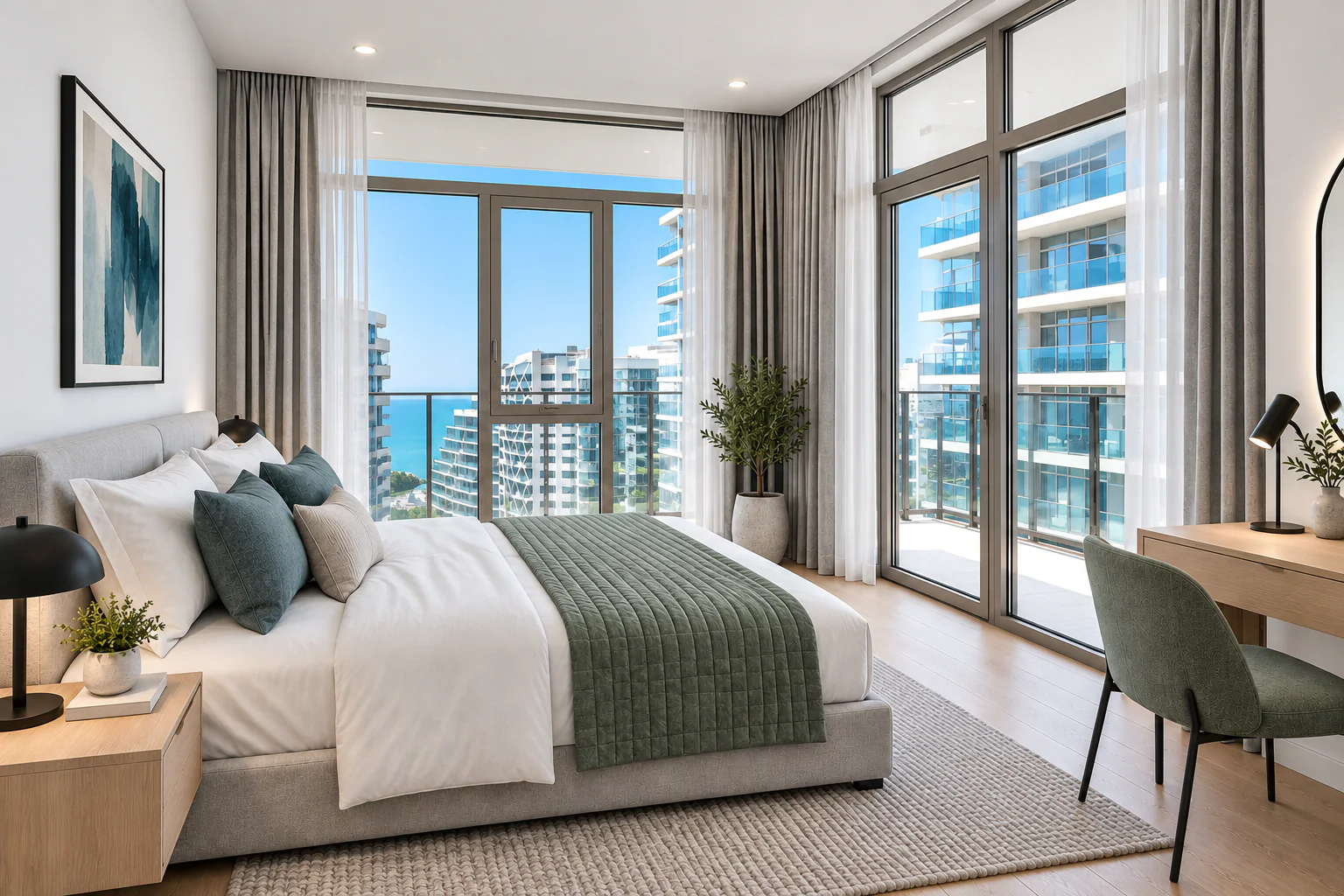 Bright second bedroom with white walls, blue-green accents and corner sea views
