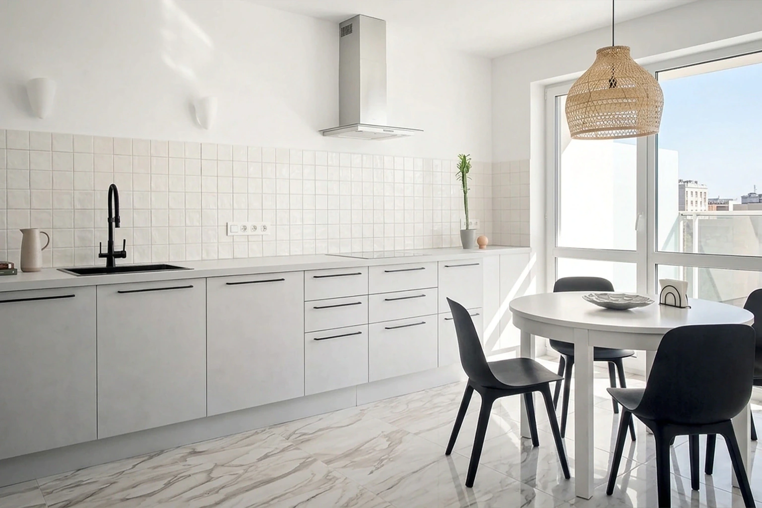 Bright white kitchen with dining area and city view